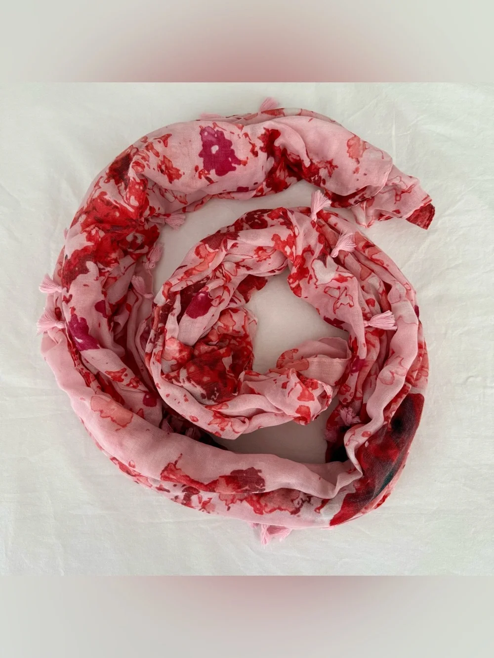 Peter Som Dream Floral Pink Red Blush Tassel Scarf Sarong Wrap One Size
